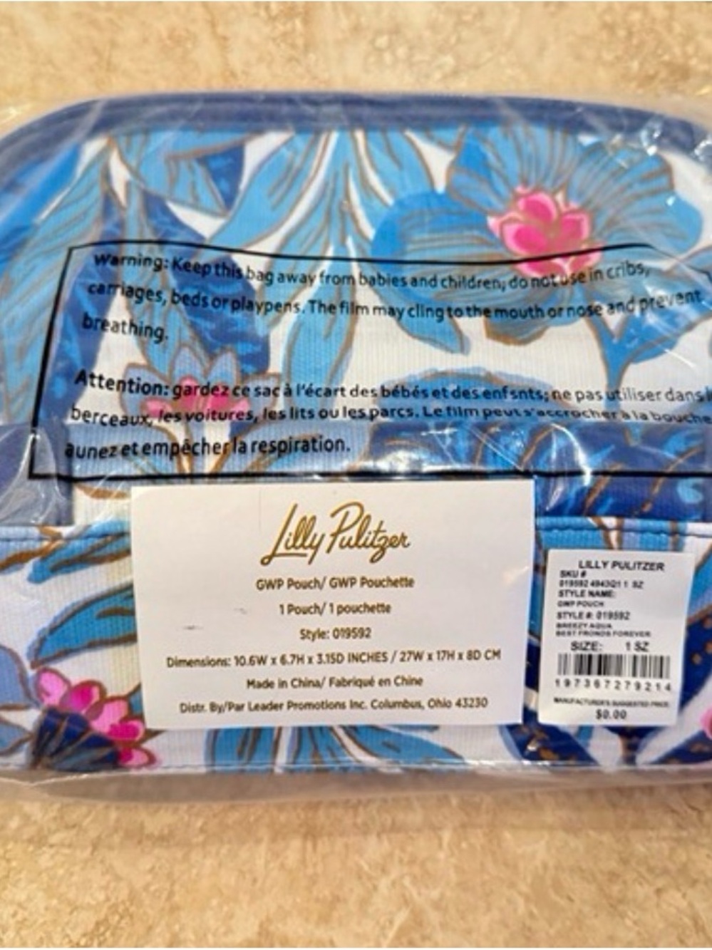 Lilly Pulitzer Blue Floral Cosmetic Pouch with Pink Accents and Gold Logo